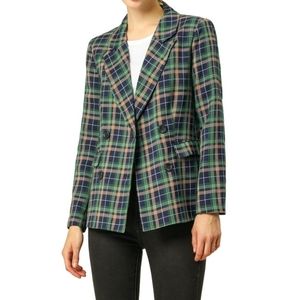 Allegra K Women's Notched Lapel Double Breasted Plaid Work Formal‎ Blazer Jacket